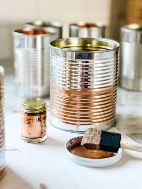 Upcycle Tin Cans | Most Lovely Things Diy Art Supplies, Gold Leaf Paint, Tin Can Crafts, Tin Containers, Gold Leaf Painting, Tin Cans, Can Crafts, Homemade Crafts, Floral Ideas