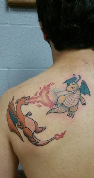 Dragonite Tattoo, Pop Culture Tattoos, Fantasy Tattoo, Pokemon Tattoos, Pokemon World, Culture Tattoos, Tattoo Board, Map Tattoos, Fantasy Tattoos