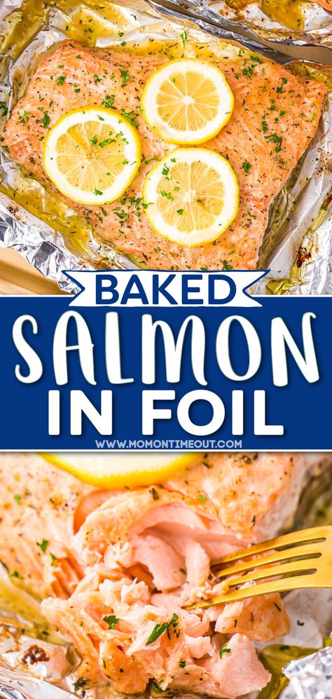 Baked Salmon In Foil, Salmon In Foil Recipes, Salmon Recipes Oven, Easy Salmon Recipe, Oven Salmon, Salmon In Foil, Mom On Timeout, Foil Dinners, Oven Baked Salmon