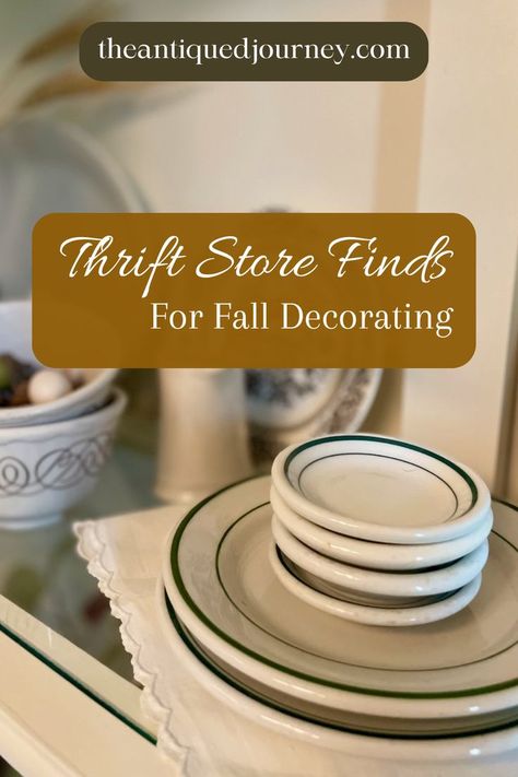 a stack of thrifted vintage butter pats and dishes styled for Fall Fall Thrifting, Thrift Store Makeover Ideas, Thrift Store Upcycle, Vintage Fall Decor, Thrifted Decor, Thrift Store Makeover, Vintage Porch, Vintage Vignettes, Thrifted Home Decor