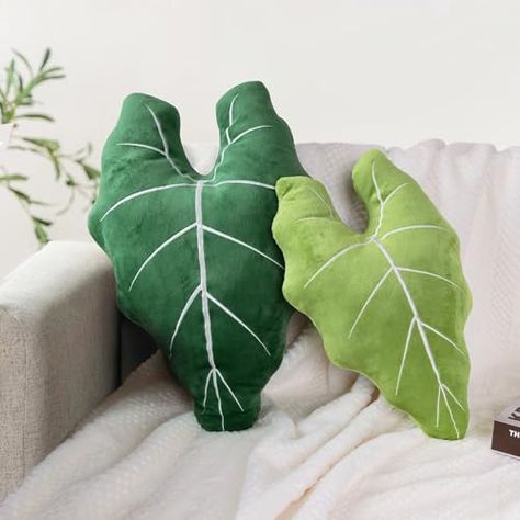 Green Room Decoration, Plant Pillow Sewing Pattern, Room Decor Nature Theme, Statement Pillows, Plant Pillows, Hoboken Apartment, Leaf Pillows, 3d Leaves, Philodendron Gloriosum