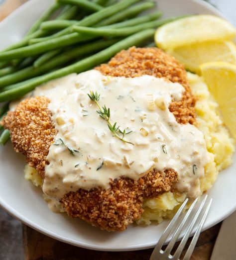 Pork Schnitzels with Lemon Thyme Sauce Pork Snitzel, Pork Schnitzel Recipe, Thyme Sauce, Schnitzel Recipe, German Food Authentic, Schnitzel Recipes, Pork Schnitzel, Chicken Schnitzel, Pasti Sani