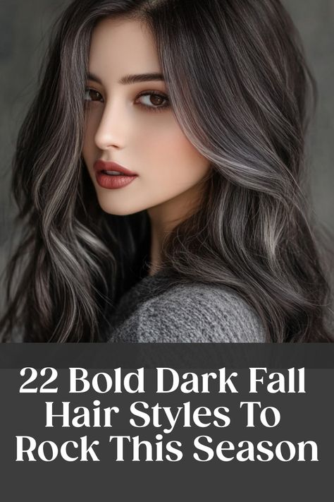 22 Bold Dark Fall Hair Styles To Rock This Season Hair Color Ideas For Glow Up, Gunmetal Hair Color, Fall Hair Color For Brunettes To Cover Gray, Fall Hair Ideas For Brunettes Dark Brown, Dark Hair With Bold Highlights, Blue Undertone Brown Hair, Hair Color Ideas For Greying Brunettes, Grey Hair For Brunettes, Brown Hair Colors To Hide Grey