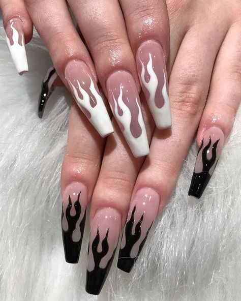 Black Acrylic Nail Designs, Black And White Nails, Hippie Nails, Punk Nails, Grunge Nails, Dope Nail Designs, Simple Acrylic Nails, White Nail, Acrylic Nails Coffin Short