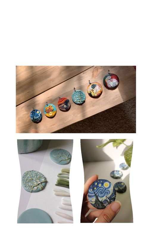 Handmade polymer clay pendants of variou famous paintings like "Starry Night", "Sunflowers", "The Dream", "The Kiss" and etc. Starry Night Clay, Polymer Clay Pendants, Clay Pendants, Famous Paintings, Polymer Clay Pendant, The Kiss, Handmade Polymer Clay, The Dream, Handmade Art