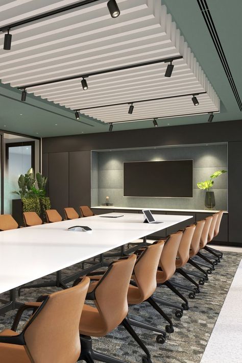 Meeting Room Design Creative, Green Office Design, Meeting Room Design Office, Green Ceiling, Conference Room Design, Meeting Room Design, Custom Interior Doors, Office Interior Design Modern, Office Meeting Room