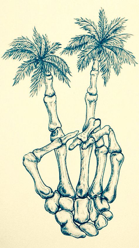 Skeleton Palm trees Hawaiian Skeleton Tattoo, Summer Skeleton Wallpaper, Summer Vibes Tattoo, Palm Tree Tattoos, Tree Tattoo Art, Skeleton Peace Sign, Palm Tree Drawing, Tree Tattoos, Skeleton Tattoos