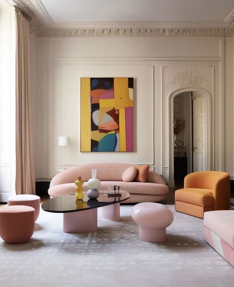 Interior Design Styles 2024, Modern Maximalist Interior Design, Pop Of Color Living Room, Post Modern Interior, Pastel Scandinavian Interior, Interior Design Colourful, Colorful Minimalist Home, Art Decor Interior Design, Colour Interior Design