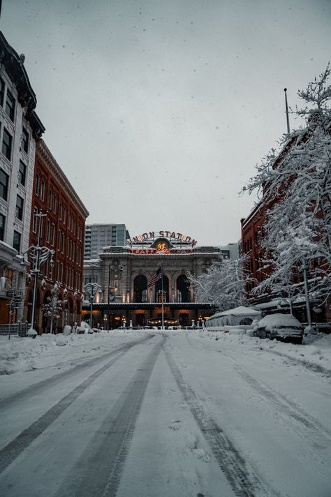 Denver Colorado in the snow Denver Snow, Denver Union Station, Colorado Aesthetic, Union Station Denver, Moving To Denver, Denver Restaurants, Car Book, University Of Denver, Beautiful Places To Live