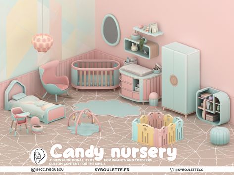 Candy Nursery, The Sims 4 Pack, Sims4 Furniture, The Sims 4 Bebes, Infant Cc, Furniture Cc, Sims Baby, Soft Bedroom, Muebles Sims 4 Cc