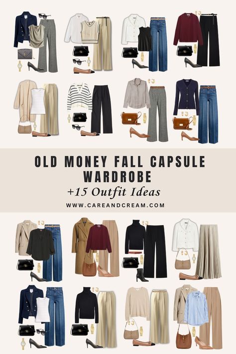 Elevate your fall style with our old money fall capsule wardrobe blog post. It offers 15 chic outfit ideas that encapsulate the old money fall fashion aesthetic. Discover fall wardrobe essentials that blend timeless elegance with the latest fall style. Go from casual to classy using our old money fall wardrobe guide. Plus: old money fall outfits, autumn outfits. Autumn Outfits With Sneakers, Quiet Luxury Fashion On A Budget, Old Money Business Aesthetic, Old Money Fall Capsule Wardrobe, Old Money Fall Wardrobe, Old Money Winter Capsule Wardrobe, Petite Autumn Outfits, Old Money Closet Essentials, Quiet Luxury Fashion Fall