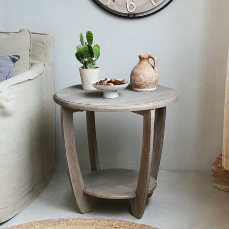 COZAYH Rustic Farmhouse End Table with Storage Shelf, French Country Accent Side Table for Family, Dining or Living Room, Small Spaces, Modern, Round, Vintage Grey Finish Farmhouse End Table, Farmhouse End Tables, Round Shelf, Rustic French Country, Farmhouse Side Table, End Table With Storage, Accent Side Table, Wood End Tables, Table With Storage