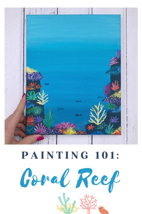 Drawing Coral Reef, How To Paint Under The Sea, Coral Reef Painting Easy, Ocean Themed Paintings Easy, Under The Sea Acrylic Painting, Life Under Water Drawing, Coral Reef Painting Acrylics, Under The Sea Painting Easy, Underwater Painting Easy