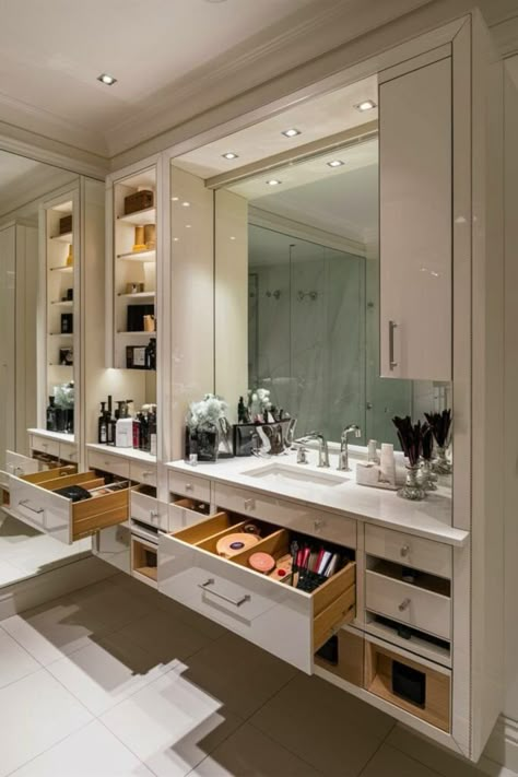 25 Bathroom Storage Ideas [Within Budget] – craftydiyers.com Bathroom Custom Storage, Bathroom With Center Cabinet, Vanity Storage Ideas Bathroom, Bathroom Design Storage, Master Bath Storage Ideas, Bathrooms With Storage, Bathroom Vanity Storage Ideas, Built In Bathroom Storage, Bathroom Cabinet Ideas