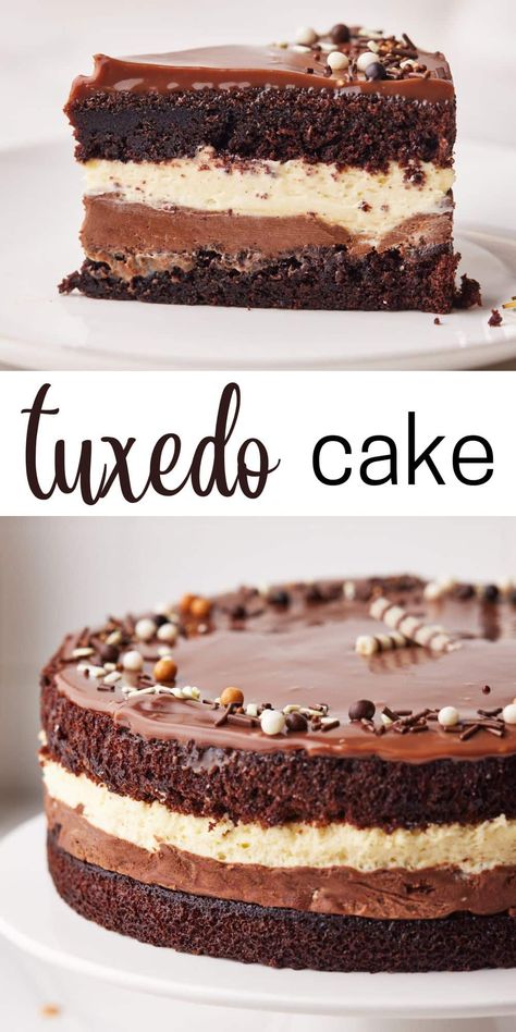 Tuxedo consists of layers of chocolate cake, dark chocolate mousse, white chocolate mousse, more chocolate cake and then chocolate ganache. It is every chocolate lover's dream dessert! A honmemade dupe on the costco cake (but much better!), Tuxedo cake is a showstopping dessert for dessert parties, birthdays, special occasions or holidays. #chocolatemousse #moussecake #desserts #dessertideas #showstopper #chocolatedesserts #triplechocolatemoussecake #costco #copycat #copycatrecipe #costcocopy Triple Chocolate Mousse, Costco Cake, Triple Chocolate Mousse Cake, Tuxedo Cake, Mousse Cake Recipe, Bake A Cake, Chocolate Mousse Cake, Effortless Beauty, Beachy Waves