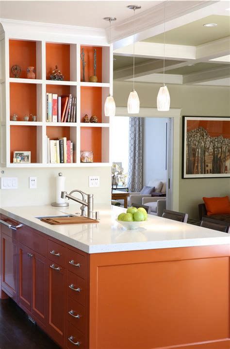 Orange And White Kitchen, Burnt Orange Kitchen, Kitchen Hutch Decor, Orange Cabinets, Interior Decorating Kitchen, Orange Kitchen Decor, Outdoor Kitchen Countertops, Painted Kitchen Cabinets Colors, Kabinet Dapur