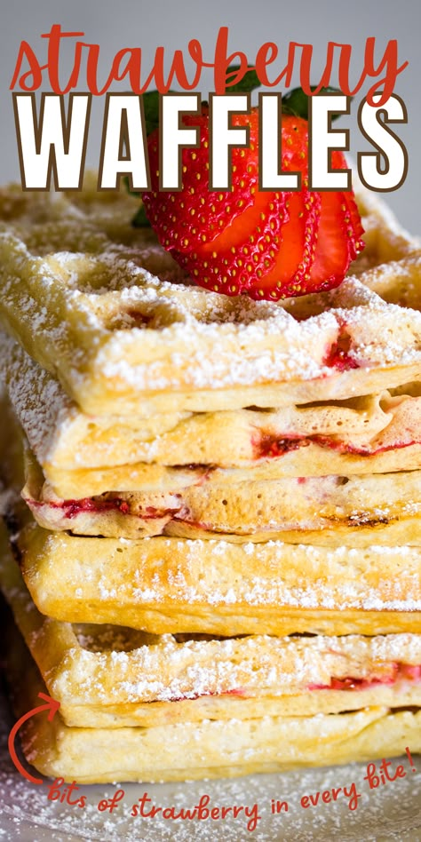 stack of strawberry waffles on plate topped with powdered sugar and a strawberry Strawberry Belgian Waffles, Krusteaz Waffle Mix Recipes, Strawberry Waffles Recipe, Krusteaz Pancake Mix Recipes, Waffle Mix Recipe, Waffle Mix Recipes, Cleverly Simple, Taffy Recipe, Waffle Batter