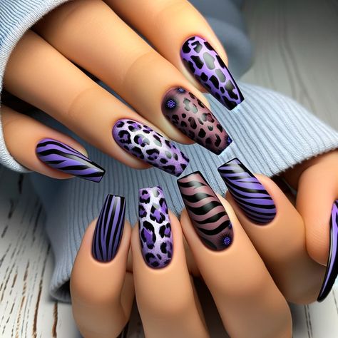 Lavender Colour Nail Art, Purple Black White Nails, Nails Art 2024, Purple Fall Nails Design, Black And Purple Nails, Leopard Nail Designs, Cow Prints, Plum Nails, Violet Nails