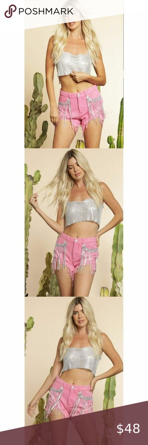 Blue Buttercup Hot Pink Fringe Frayed Denim Shorts Diamond Rhinestone Sequin NEW Fringe Shorts, Short Fringe, Frayed Denim, Hot Pink, Denim Shorts, Sequin, Two Piece Skirt Set, Outfit Inspo, Plus Fashion