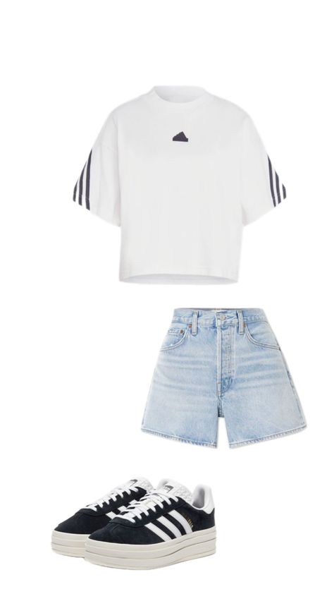 Embrace the warm weather with this fun and stylish outfit! Pair comfortable blue jean shorts with a crisp white Adidas Future Icons tee for a fresh, sporty look. Finish off the ensemble with bold black Gazelle shoes for a trendy touch. Perfect for casual outings, beach days, or just hanging out with friends! 🖤✨ #SummerStyle #CasualChic #OOTD Gazelle Bold Outfit, Black Adidas Gazelle, Black Gazelle, Black Gazelles, Sporty Summer Outfits, Sporty Summer, Adidas Gazelle Bold, Gazelle Shoes, Gazelle Bold