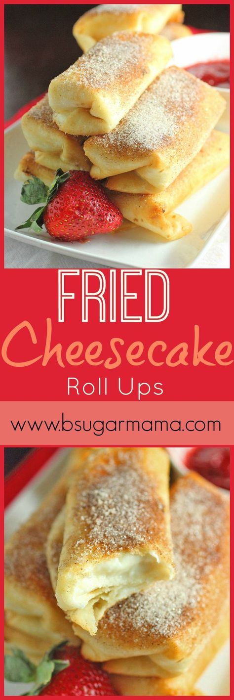 Fried Cheesecake Roll-Ups made with a sweet and easy cream cheese filling and wrapped in soft tortilla shells. Fry these fried cheesecake rolls ups and dust with cinnamon sugar for perfection! #desserts #creamcheese Cheesecake Rolls, Fried Cheesecake, Dessert Simple, Fried Foods, Interesting Recipes, Easy Cream, Roll Ups, Cream Cheese Filling, Baking Ideas