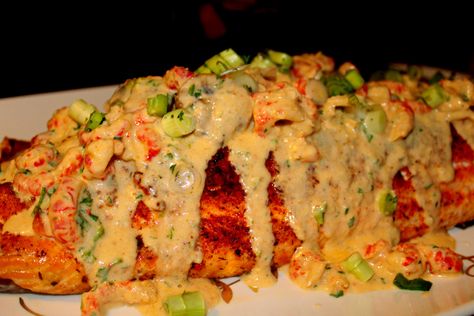 Sourdough Stuffed Blackened Salmon w/ Crawfish Mushroom Sauce Crawfish Cream Sauce Recipe, Fish With Cream Sauce, Crawfish Sauce, Crawfish Recipe, Fish Dishes Recipes, Crawfish Recipes, Recipe Salmon, Mushroom Cream Sauces, Blackened Salmon