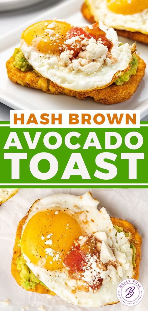 Hashbrown Avocado Egg, Avocado Toast On Hashbrown, Avocado Hashbrown Toast, Hash Brown Avocado Toast, Hashbrown Avocado Toast, Avocado Hashbrown, Hashbrown Toast, Avocado Breakfast Ideas, Avacodo Toast Recipes Breakfast