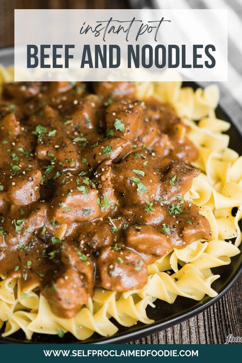 Beef and Noodles using Granny's classic easy 5-ingredient recipe made even quicker in the Instant Pot, but can be made using the crockpot or stove top too. Tender pieces of stew meat or beef tips cooked in a savory mushroom gravy over noodles is the best comfort food recipe! Pot Roast With Egg Noodles, Instant Pot Stroganoff Stew Meat, Instant Pot Beef And Noodles Easy, Stew Meat Pressure Cooker, Instant Pot Beef Stroganoff Stew Meat, Minute Steak Recipes Instant Pot, Instant Pot Recipes Beef Tips, Instant Pot Beef Tips And Noodles, Instapot Beef And Noodles