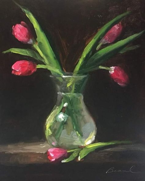 Tulip Vase, Vase Painting, Tulips In Vase, Unique Paintings, The Light, Tulips, Glass Vase, Vase, Glass