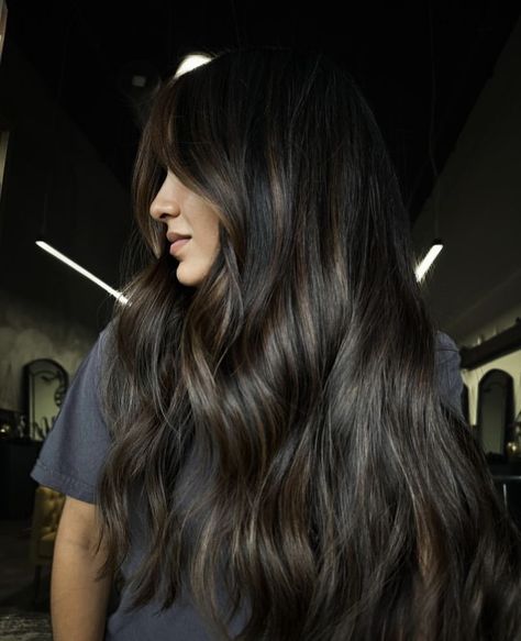 Best Hair Color For Dark Hair, Old Money Dark Brunette Hair, Dark Espresso Brown Hair, Black And Chocolate Brown Hair, Dark Brown Glaze Hair, Asian Black Hair With Highlights, Subtle Dark Brown Balayage, Ombre Hair Asian, Dark Brown Balayage Hair Chocolates