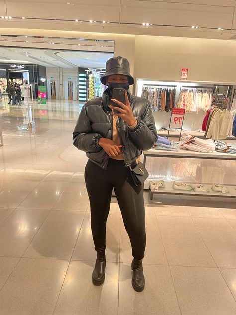 Leather jacket, leather boots and leather bucket hat #leatherjacketoutfit Leather Bucket Hat Outfit, Leather Bucket Hat, Bucket Hat Outfit, Hat Outfit, Leather Jacket Outfits, Outfits With Hats, Leather Bucket, Leather Boots, Bucket Hat