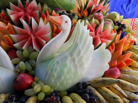 beautiful carving | vegetable carving | Vivek K M | Flickr Carving Fruit, Deco Fruit, Veggie Art, Fruits Decoration, Watermelon Art, Watermelon Carving, Fruit And Vegetable Carving, Romantic Meals, Amazing Food Art