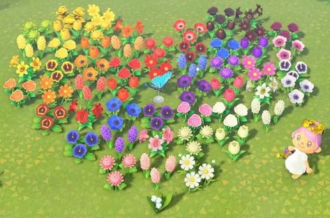 Acnh Flower Arrangements, Animal Crossing Rainbow Garden, Animal Crossing Flower Combinations, Animal Crossing Island Inspiration Cute, Acnh Rainbow Flower Garden, Animal Crossing Flower Garden, Heart Garden, Motif Acnl, Animal Crossing Funny