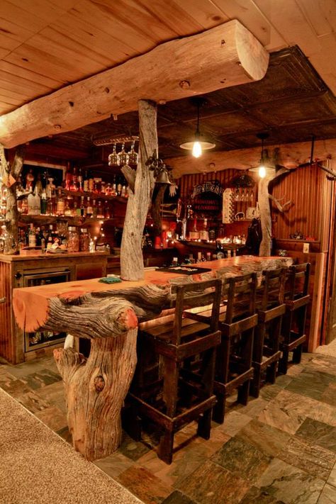 Log Bar Ideas, Log Cabin Bar Ideas, Rustic Tavern Decor, Lodge Bar Ideas, Cabin Bar Ideas, Log Cabin Bar, Rustic Bar Ideas, Cabin Game Room, Bar Backs