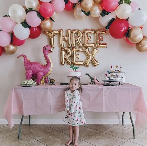 Dinasour Birthday Ideas For A Girl, Three Rex Birthday Party Girl, 3rd Birthday Party For Girls Ideas, 3rd Birthday Party For Girls, Third Birthday Girl, Girl Dinosaur Birthday, Girls 3rd Birthday, Dinosaur Themed Birthday Party, Baby Birthday Themes