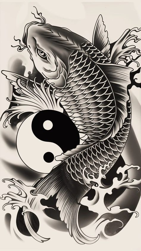 Koi Fish Drawing Tattoo, Pez Koi Tattoo, Dragon Koi Tattoo Design, Japanese Fish Tattoo, Tattoos Fish, Tattoo Fishing, Koi Dragon Tattoo, Fishing Tattoos, Karp Koi