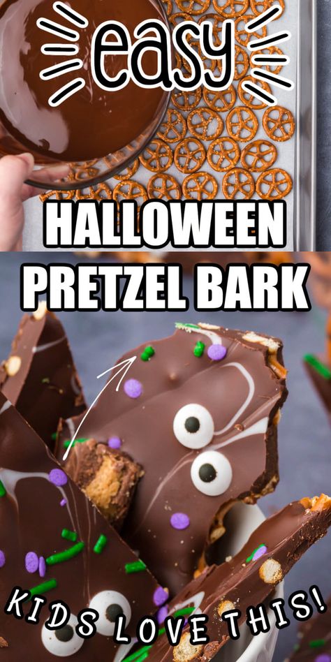 Pretzel Bark is the best Halloween treat! Kids love this colorful and fun bark and it's so easy they can make it themselves. It's a simple Halloween pretzel bark recipe that's scary good - and scarily easy to make! Chocolate Pretzels Halloween, Halloween Bark Recipes, Pretzel Bark Recipes, Halloween Candy Bark, Halloween Potluck, Halloween Bark, Pretzel Bark, Pretzel Desserts, Halloween Pretzels