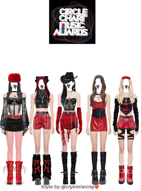 5 members group outfit ideas | #kpopdebut #kpopfakegroup 5 Member Kpop Girl Group Outfits, Group Outfit Ideas, 5 Member Girl Group Outfits, Nct Heart, Red Fishnet Tights, Girl Group Outfits, Ateez Concert, Black Leather Corset, Red Fishnets