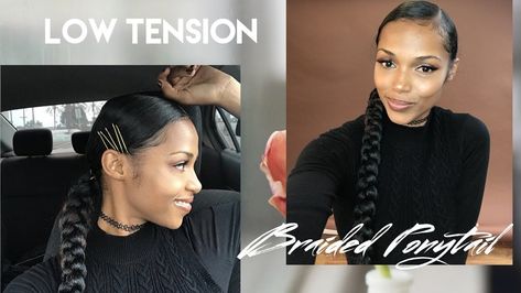 Low Tension Braided Ponytail [Video] - https://blackhairinformation.com/video-gallery/low-tension-braided-ponytail-video-2/ Low Ponytail Weave, Natural Braided Ponytail, Slick Low Ponytail, Jumbo Braid Ponytail, Low Tension Protective Styles, Ponytail Video, Faux Ponytail, Ponytail Weave, Curly Crochet Braids