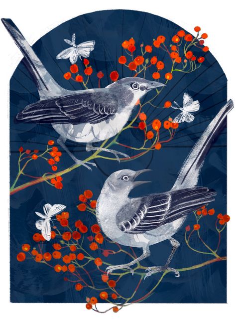 Illustration of two mockingbirds perched in a wild rosebush with rosehips surrounded by white moths on a blue background Winter Bird Illustration, Rosehip Illustration, Mockingbird Illustration, Mocking Birds, Bird Illustration, Vibrant Art, Bird Photography, Art References, Art Stuff