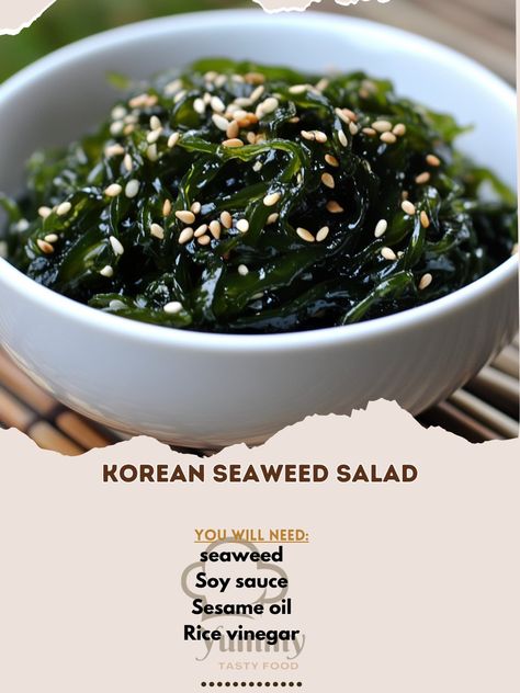 🌊 Dive into Korean Seaweed Salad—crispy, tangy, and brimming with umami. A delightful and nutritious side dish! 🌿🍚 #SeaweedSalad #KoreanAppetizers Korean Seaweed Salad Ingredients: Dried seaweed (1 cup) Soy sauce (2 tbsp) Sesame oil (1 tbsp) Rice vinegar (1 tbsp) Sugar (1 tsp) Garlic (1 clove, minced) Sesame seeds (for garnish) Instructions: Soak seaweed in water for 10 minutes, then drain and squeeze out excess water. Mix soy sauce, sesame oil, rice vinegar, sugar, and garlic. Toss seawe... Korean Appetizers, Cooking Goals, Dried Seaweed, Salad Recipes Video, Bon Appetite, Sesame Oil, Salad Ingredients, Rice Vinegar, Seaweed Salad