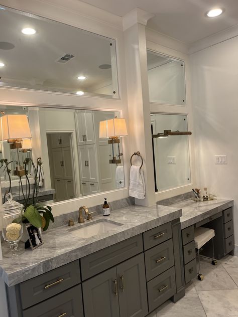 Double Vanities With Makeup Area, Single Sink Vanity With Makeup Counter, Double Sink With Vanity On Side, Master Bathrooms With Vanity, Bathroom Mirrors And Lights Double Sinks Master Bath Vanity, Bathroom Remodel With Vanity, Bathroom Makeup Counter, Separate Vanities In Master Bath, Restroom Vanity