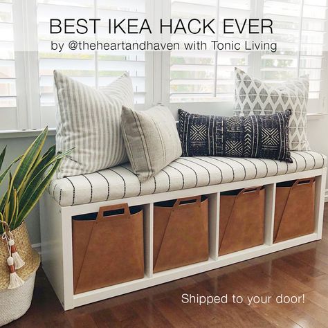 Ikea Hack with Kallax Shelf. Get a premium bench seat cushion to convert your Kallax bookshelf into a storage bench seat! Click on image to order yours from Tonic Living. We ship everywhere. Ikea Kallax Shelf, Ikea Kallax Hack, Kura Bed, Kallax Shelf, Ikea Hack Ideas, Ikea Kallax, Ikea Furniture Hacks, Cubby Storage, Best Ikea