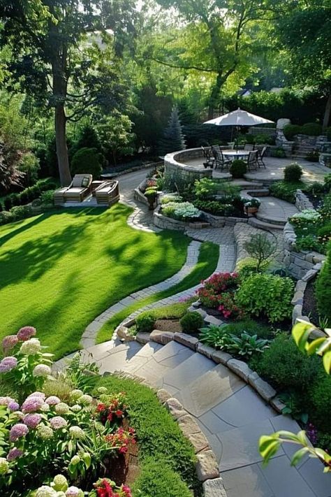 Dream Landscaping, Large Backyard Landscaping, Hardscape Design, Sloped Garden, Italian Garden, Home Garden Design, Outdoor Gardens Design, Yard Design, Garden Landscape Design