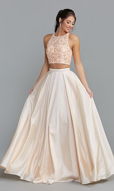 Evening Dresses Prom Two Pieces, Crop Top Prom Dress, Gold Two Piece Prom Dress, Your Month Your Dress, Crop Top With Long Skirt, Indian Prom Dresses, Formal Dresses Curvy, Top With Long Skirt, Wedding Crop Top