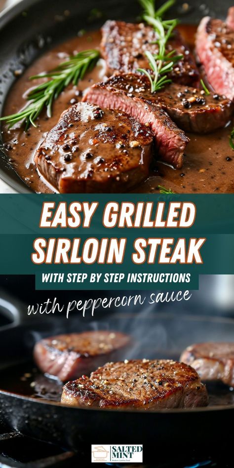 Transform your dinner into a gourmet experience with our grilled sirloin steak, complemented by a creamy silky peppercorn sauce. This steak recipe is perfect for a cozy date night or as an easy but elegant dinner idea. Easy to prepare, this sirloin steak recipe ensures a delicious, healthy meal without the hassle. Treat yourself and your partner to a steakhouse-quality meal right at home. Get expert tips for grilling and pan-searing Grilled Sirloin Steak, Sirloin Steak Recipes Stovetop, Whisky Sauce, Sirloin Steak Recipes, Strip Steak Recipe, Peppercorn Sauce, Smoked Beef, Grilled Beef, Strip Steak