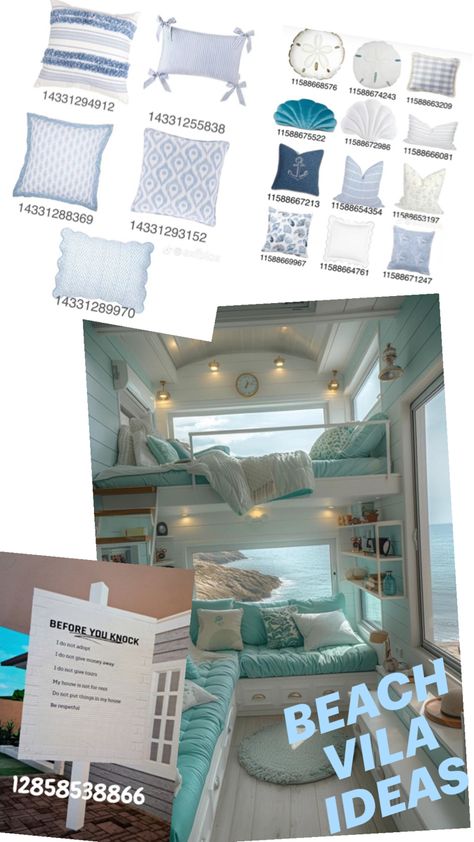 Beach house Bloxburg Beach House, Preppy House, Preppy Decal, Blocksburg Room Ideas￼, Preppy Beach, Bloxburg Ideas, Bloxburg Decal Codes, House Layouts, House Inspo