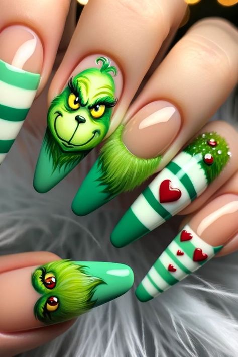 Grinch Nails, Nail Art Noel, Cute Pink Nails, Cute Christmas Nails, Christmas Gel Nails, Christmas Nail Art Designs, Xmas Nails, Christmas Nail Designs, Nail Designs Spring