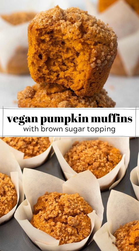 Vegan Pumpkin Muffins, Egg Free Baking, Pumpkin Breakfast, Vegan Pumpkin Recipes, Vegan Baking Recipes, Vegan Kitchen, Crumb Topping, Vegan Pumpkin, Pumpkin Muffins