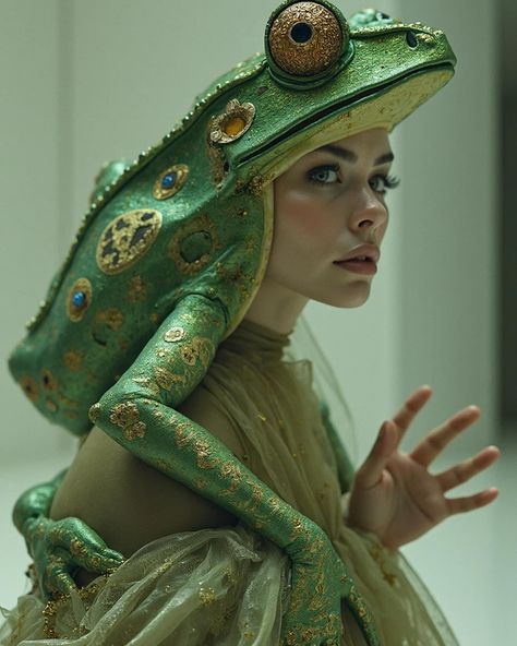 Frog fashion 🐸 #frogart #frogfashion #froggirl #frogartwork #aiartist #aiphoto #aifashion Frog Clothes Drawing, Frog Costume Aesthetic, Frog And Toad Costume, Frog Costume Diy, Frog Photoshoot, Frog Mermaid, Phobia Drawing, Frog Poses, Frog Halloween Costume